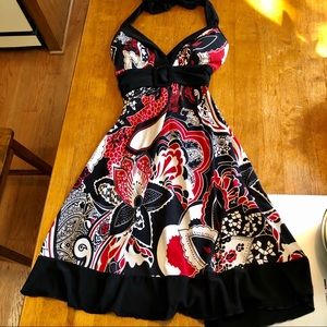 Back white red paisley floral halter dress